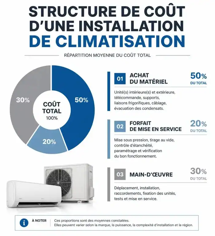 Infographie des coûts d'installation d'une climatisation achetée chez Brico Dépôt : matériel, mise en service et pose