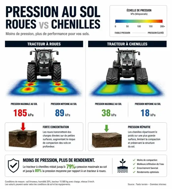 Comparaison de la pression au sol entre un tracteur à roues et un tracteur à chenille pour l'agriculture