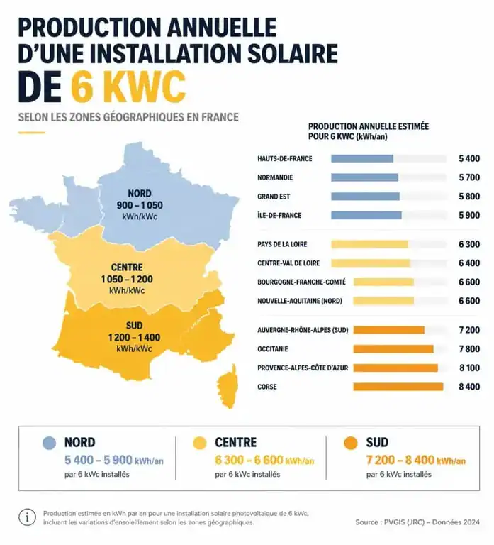 Graphique de production annuelle d'une installation de panneaux solaires de 6 kWc par région en France