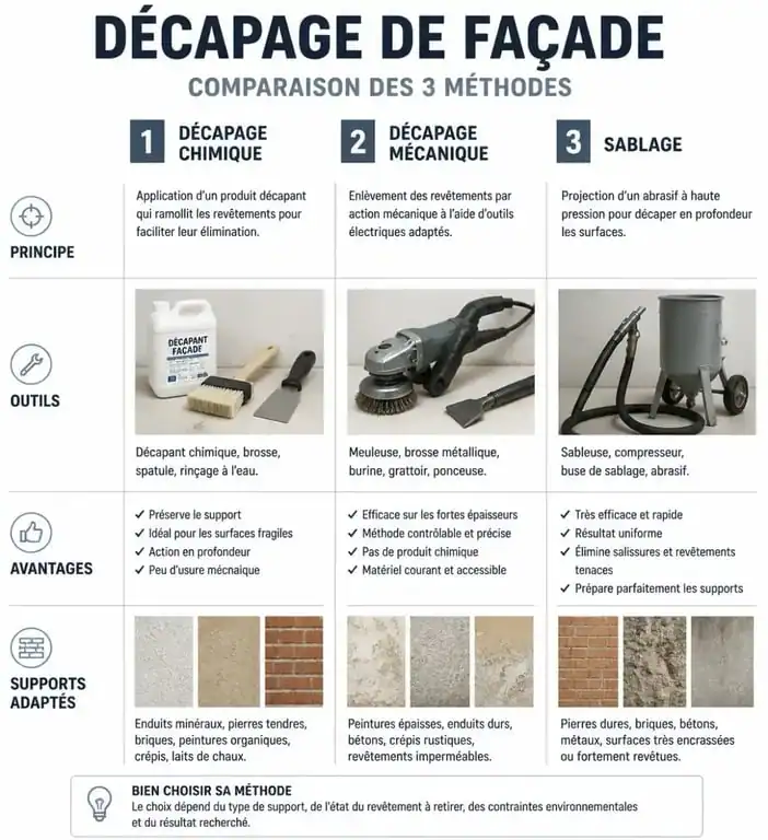Comparatif des méthodes pour décaper une façade : chimique, mécanique et sablage