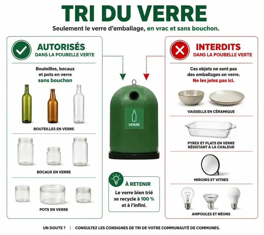Infographie récapitulative des déchets autorisés et interdits dans la poubelle verte pour le tri du verre