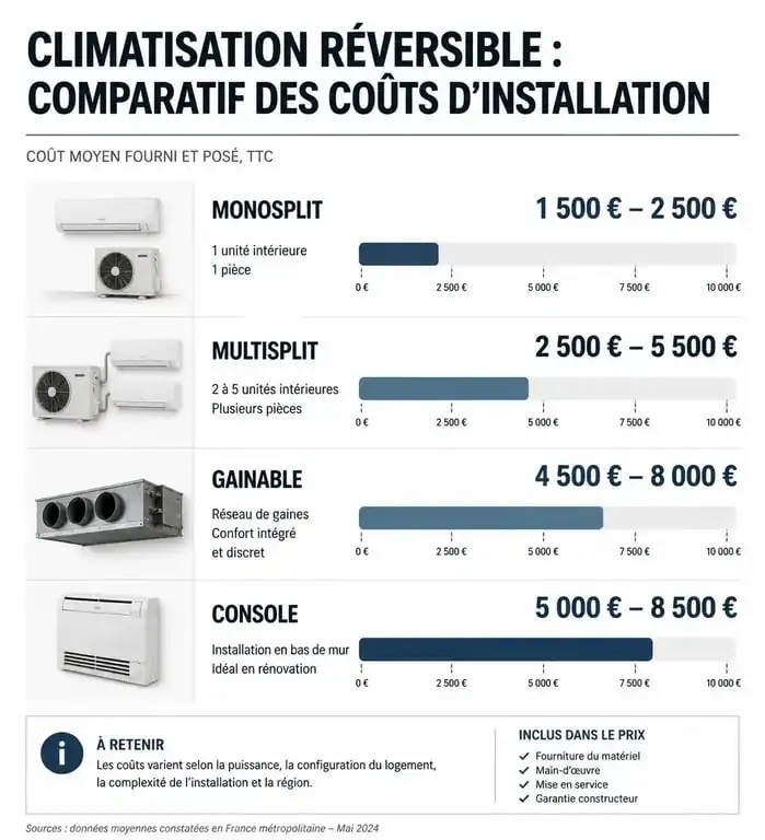 Comparatif des prix moyens d'installation d'une climatisation réversible par type de système