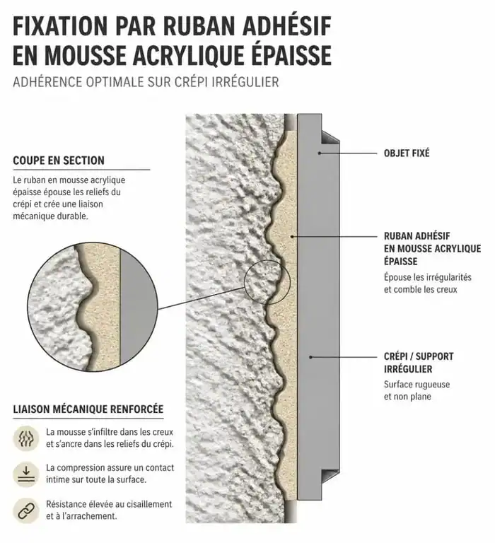 Schéma technique montrant comment coller sur du crépi avec un adhésif en mousse acrylique