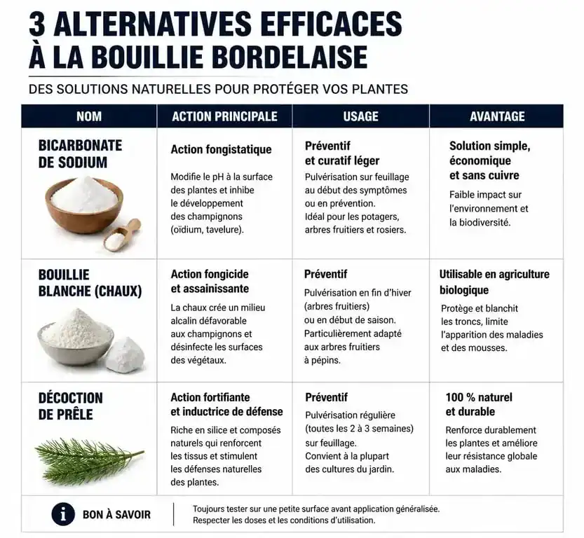 Infographie comparative des alternatives naturelles à la bouillie bordelaise pour le jardin