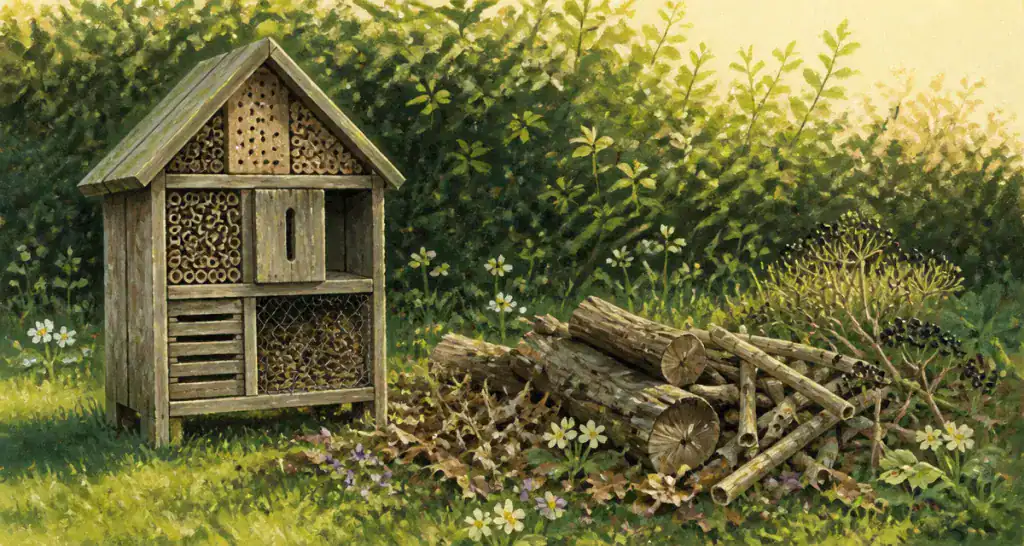hôtel à insectes inconvénients dans un jardin printanier