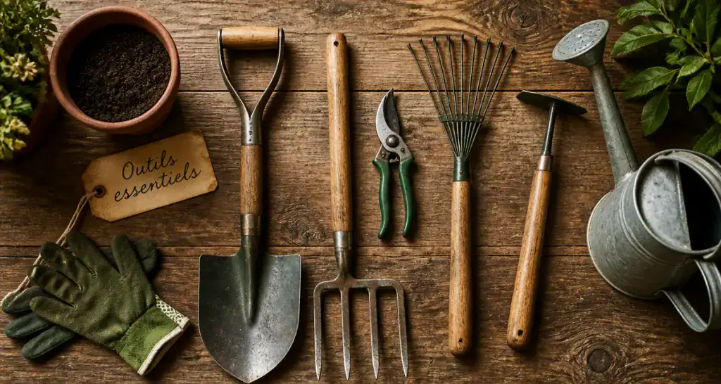outils de jardinage liste avec photos sur plan de travail