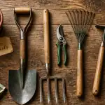 outils de jardinage liste avec photos sur plan de travail
