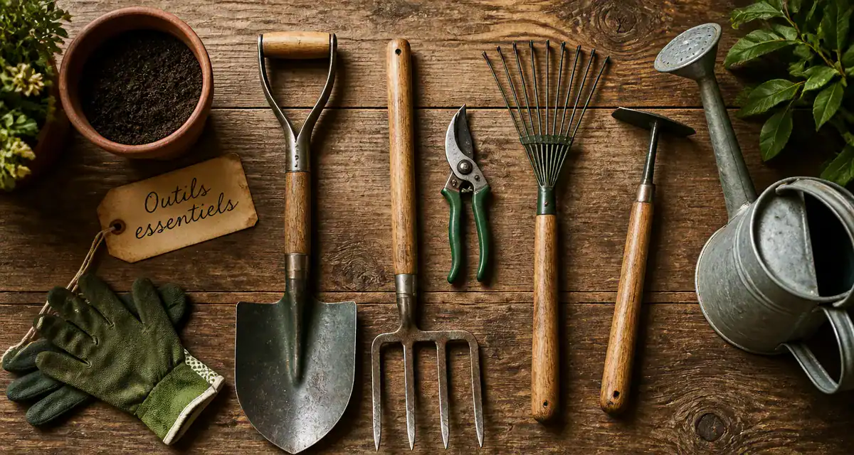 outils de jardinage liste avec photos sur plan de travail