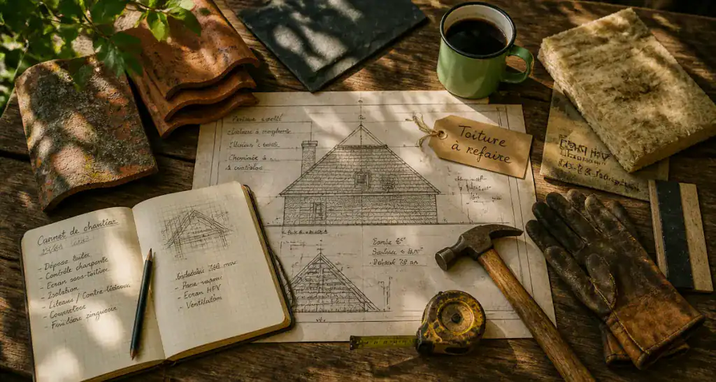 toiture à refaire, plans, outils couvreur, matériaux