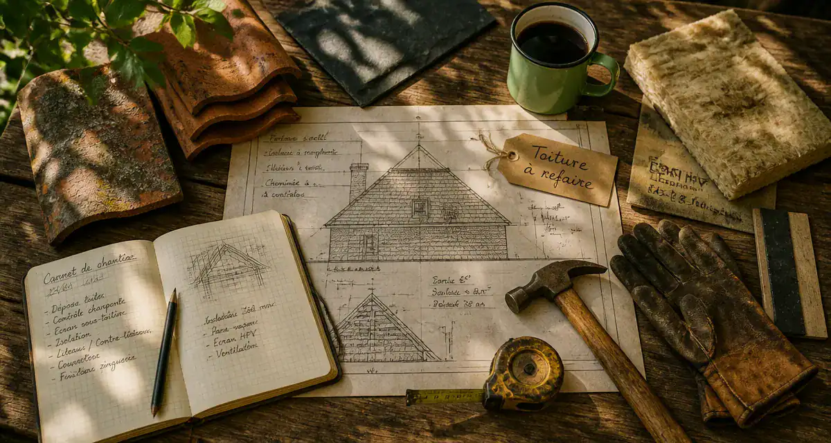 toiture à refaire, plans, outils couvreur, matériaux