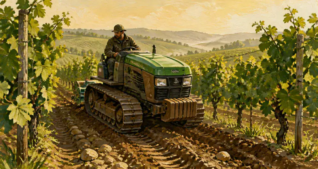 tracteur à chenille avançant en vigne sur pente