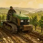 tracteur à chenille avançant en vigne sur pente