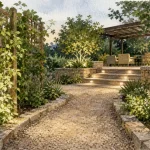Aménagement des jardins : allée courbe, bordures pierre et occultation avec treillis