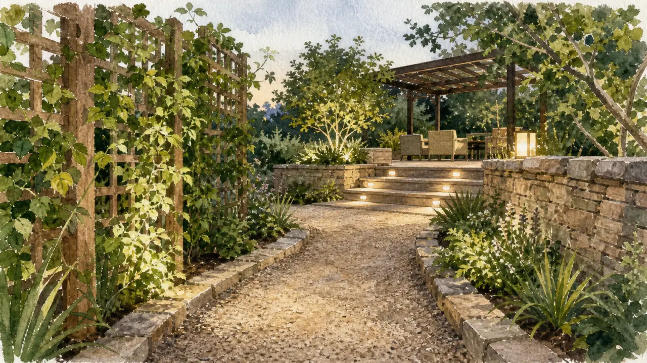 Aménagement des jardins : allée courbe, bordures pierre et occultation avec treillis