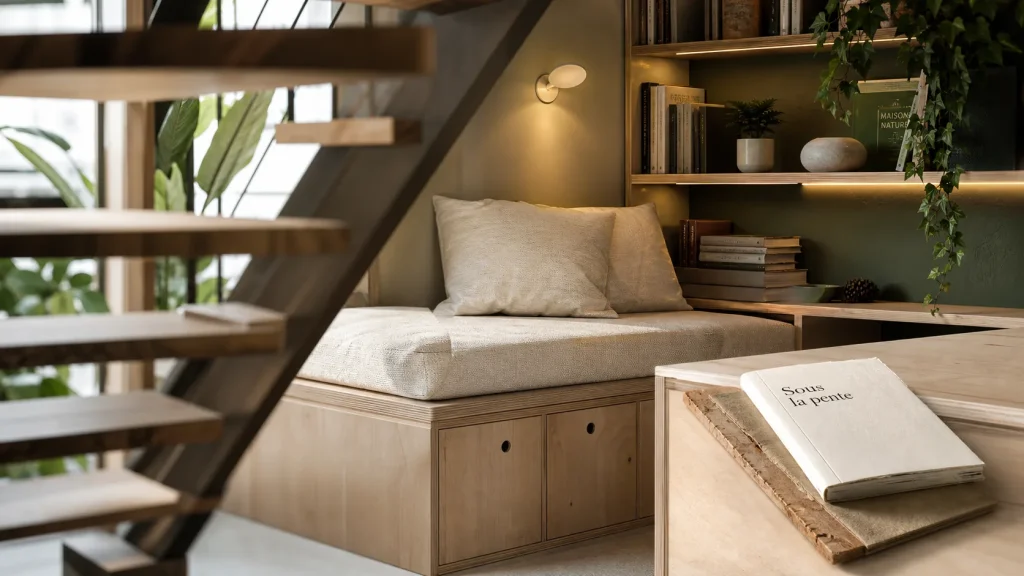 Aménagement sous escalier ouvert sous pente, banquette et niches