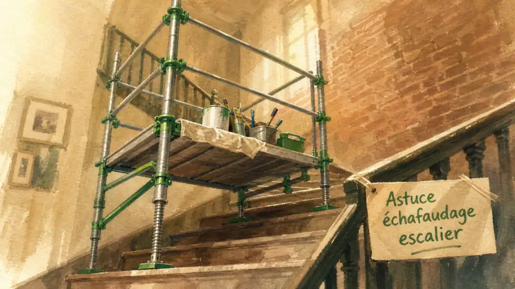 Astuce echafaudage escalier : vérins réglés et garde-corps sur marches, montage en sécurité