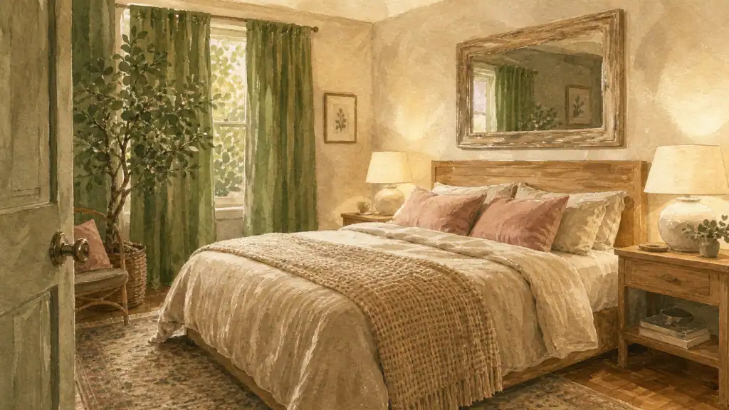 Décoration chambre adulte : chambre chaleureuse moderne et naturelle, lit en bois clair et lin beige-grège