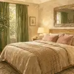 Décoration chambre adulte : chambre chaleureuse moderne et naturelle, lit en bois clair et lin beige-grège