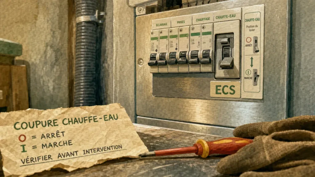 Disjoncteur chauffe-eau position I ou O, repérage ECS