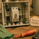 Disjoncteur chauffe eau ouvert dans un tableau électrique, gants et multimètre pour contrôle