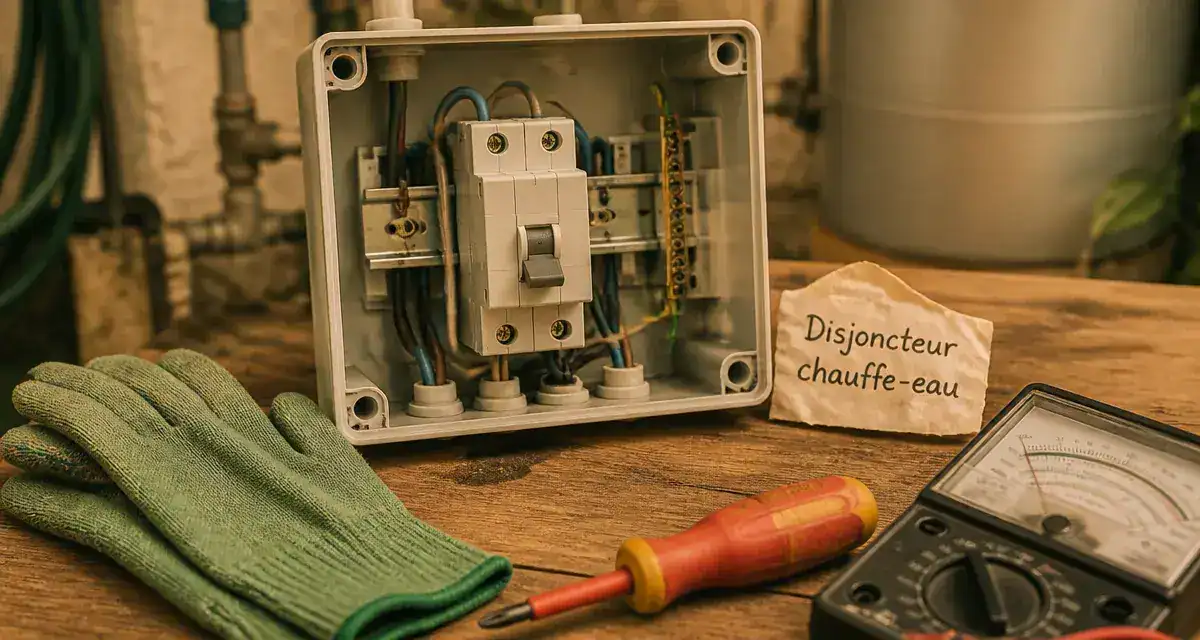 Disjoncteur chauffe eau ouvert dans un tableau électrique, gants et multimètre pour contrôle