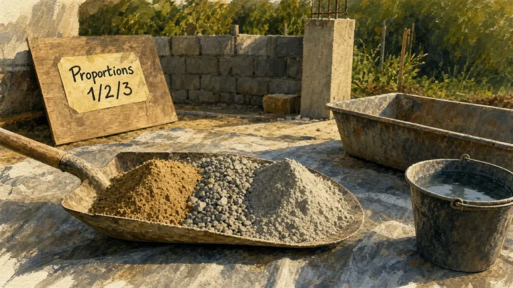 Dosage du béton à la pelle : 1 volume de ciment, 2 de sable, 3 de gravier