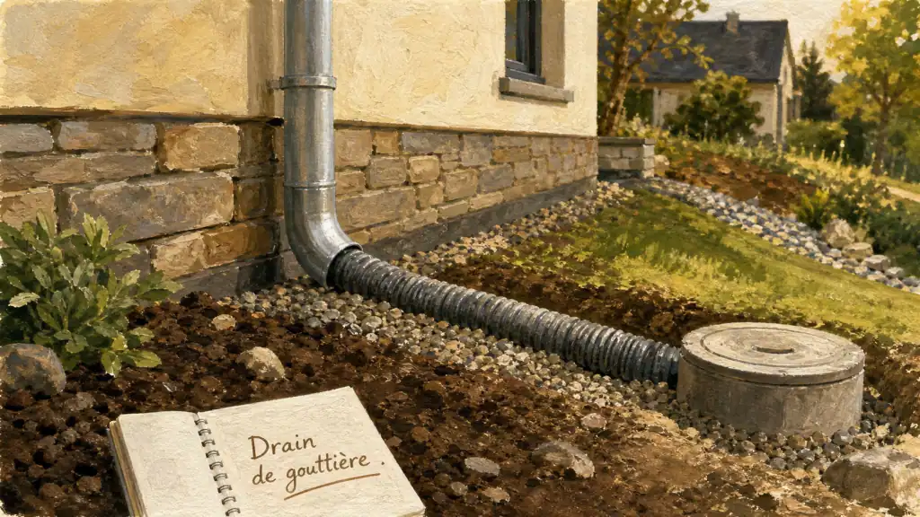 Drainage eau de pluie gouttière : tuyau enterré et regard de visite avant infiltration