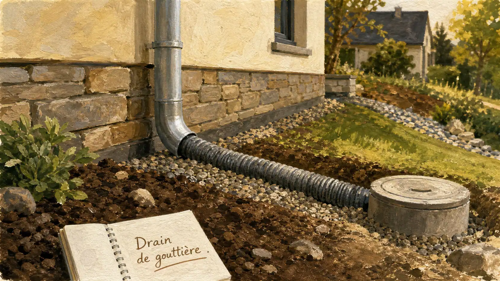 Drainage eau de pluie gouttière : tuyau enterré et regard de visite avant infiltration