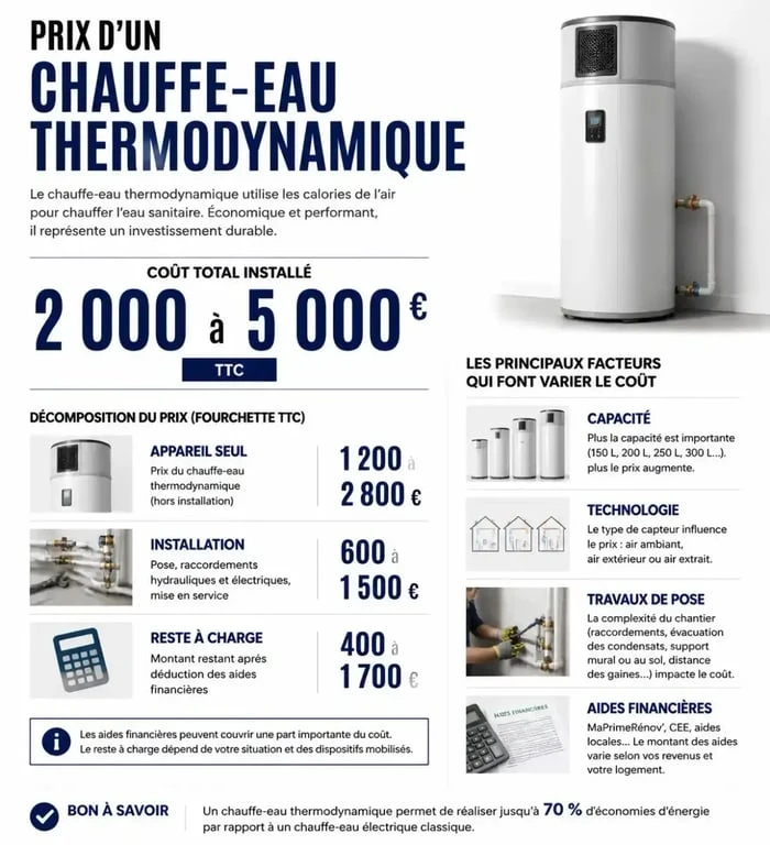 Chauffe eau thermodynamique prix : graphique des coûts d'achat, de pose et des aides financières