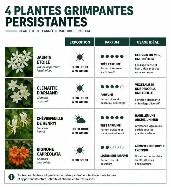 Tableau comparatif des meilleures plantes grimpantes persistantes pour le jardin