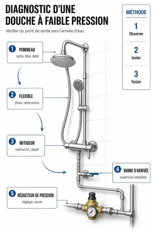 Pas de pression douche : schéma de diagnostic étape par étape pour identifier la cause du faible débit