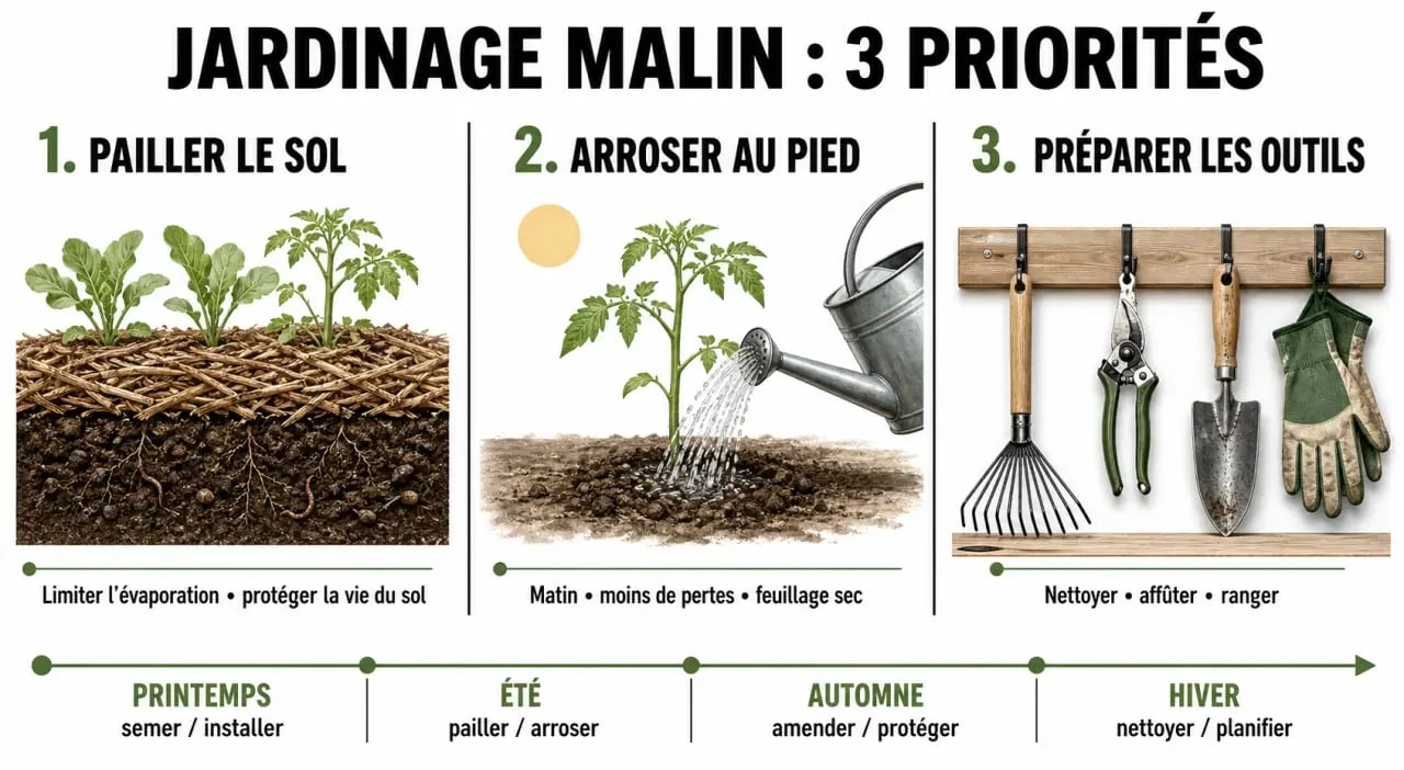 Jardiner malin : infographie saisonnière avec paillage, arrosage au pied et outils de jardin
