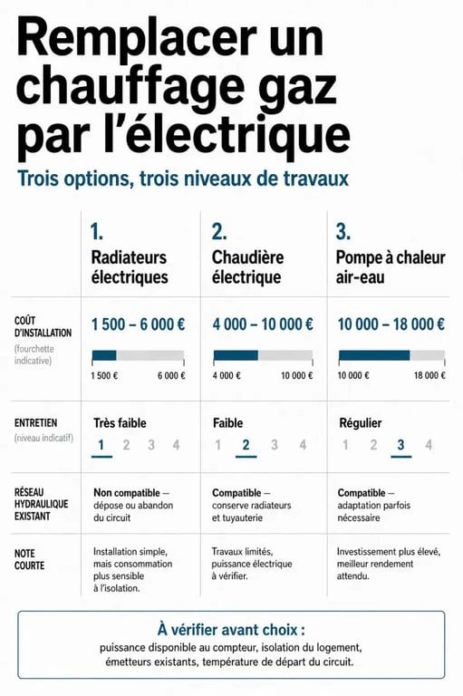 Coût remplacement chauffage gaz par électrique : comparatif visuel des radiateurs électriques, de la chaudière électrique et de la pompe à chaleur air-eau