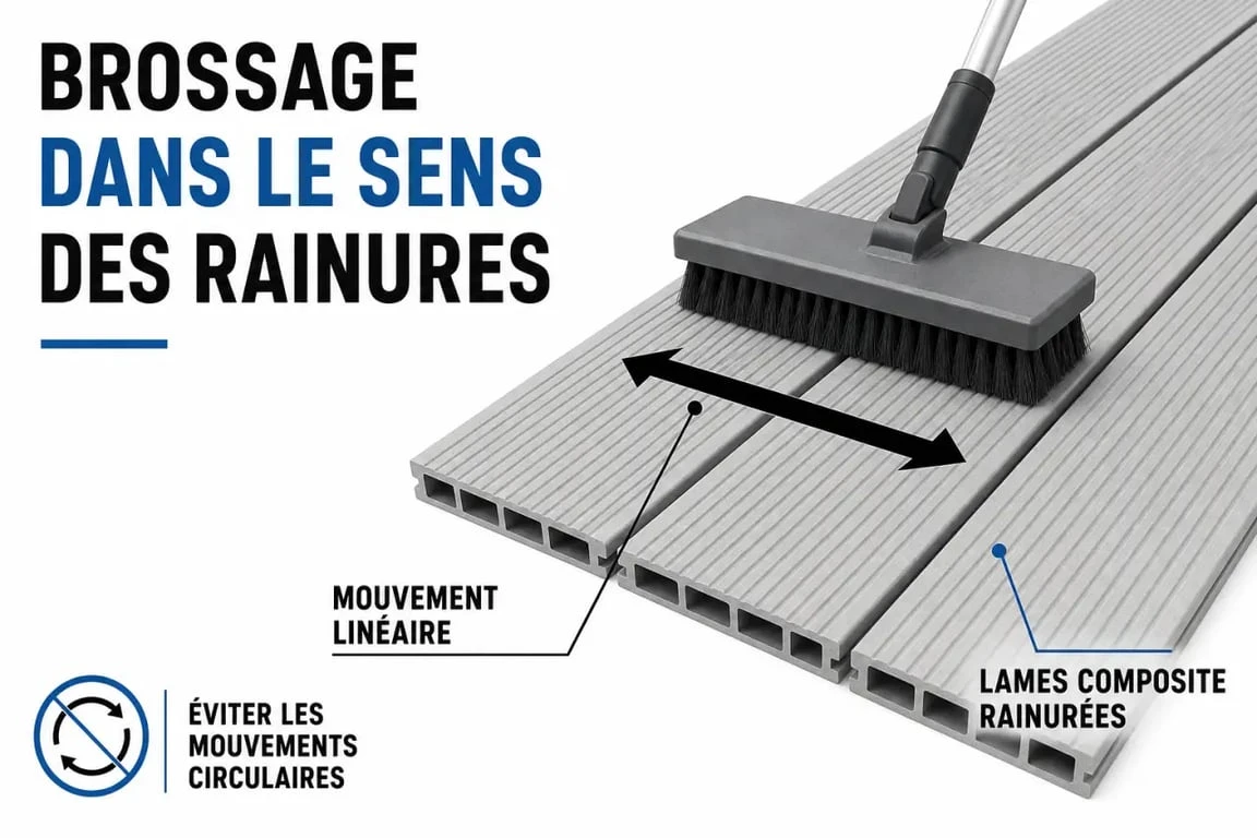 Schéma technique montrant comment nettoyer une terrasse en composite en brossant dans le sens des lames