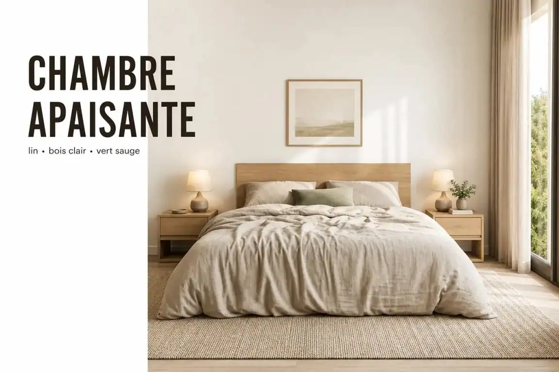 Décoration chambre adulte dans une chambre élégante et apaisante aux tons beige et bois clair