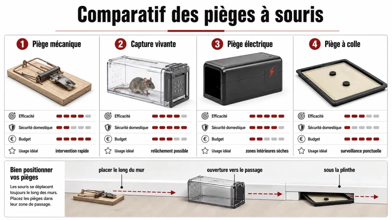 Piège à souris : comparatif visuel des principaux modèles et de leur placement le long d’un mur