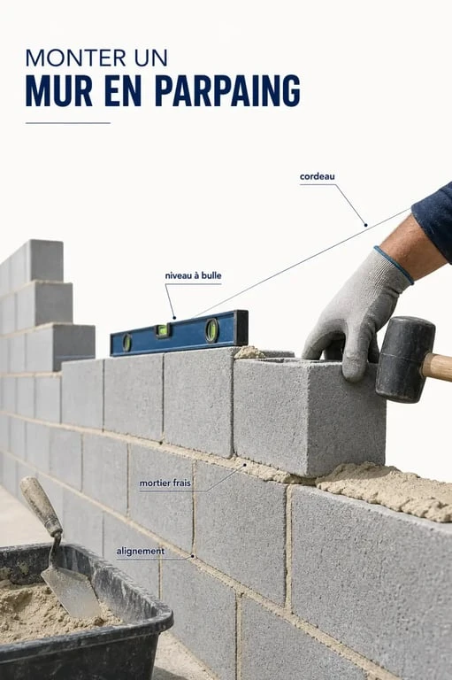 Monter un mur en parpaing sur chantier avec parpaings, mortier et niveau à bulle