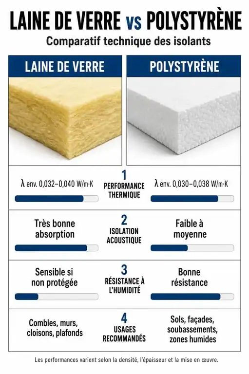 Infographie comparative entre isolation laine de verre et polystyrène pour choisir le meilleur matériau