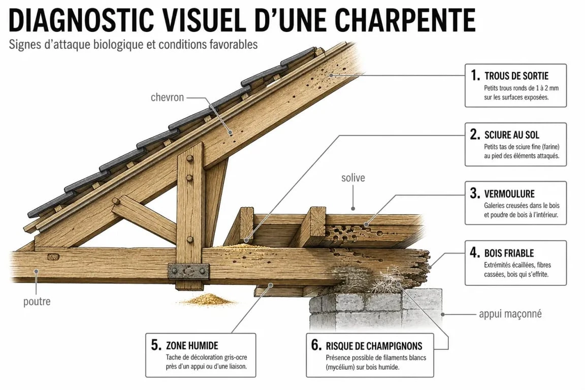 Traitement charpente bois : schéma des signes d'attaque et des zones à traiter