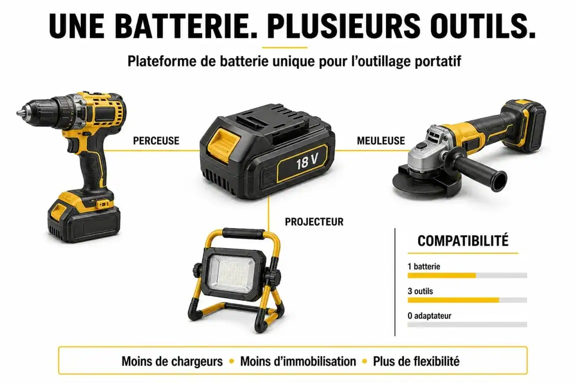 Infographie sur le fonctionnement d'un système de batterie unique pour outillage portatif
