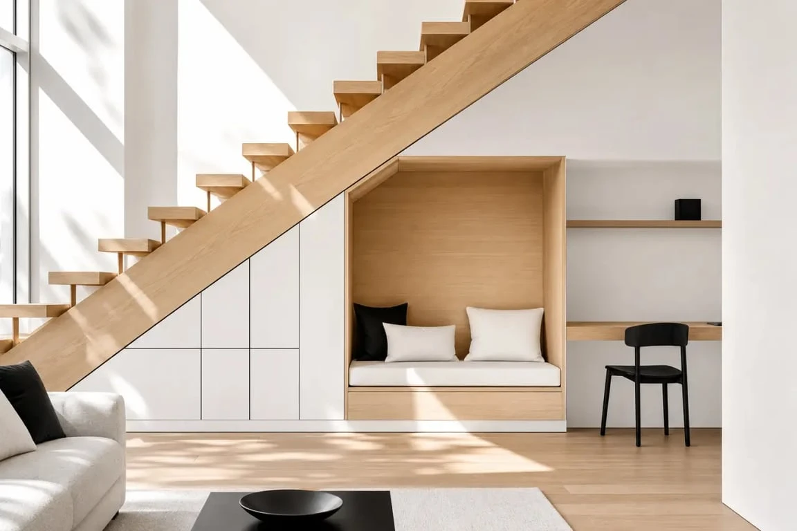 Aménagement sous escalier ouvert avec rangements bas, coin lecture et étagères intégrées dans un intérieur contemporain