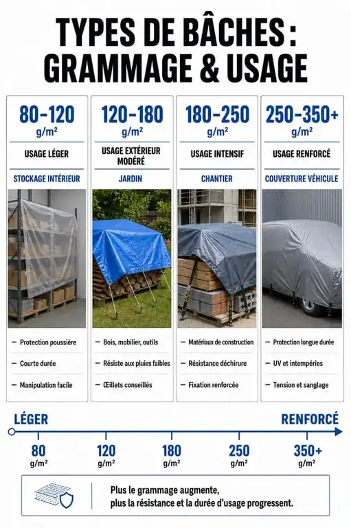Infographie comparative des types de bâches et grammages recommandés pour choisir une bâche adaptée à son besoin