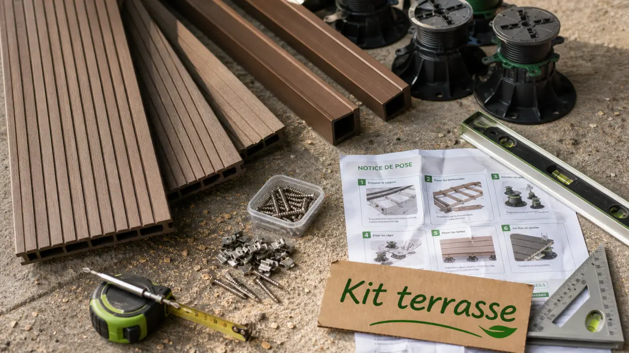 Kit terrasse : lames bois composite bambou prêtes à poser sur plots PVC