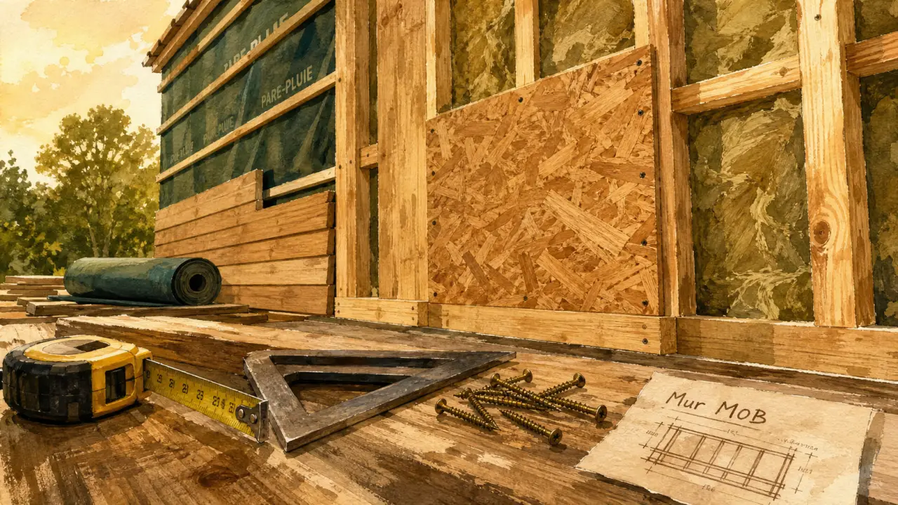 Mur à ossature bois : montants, OSB et isolant entre chevrons