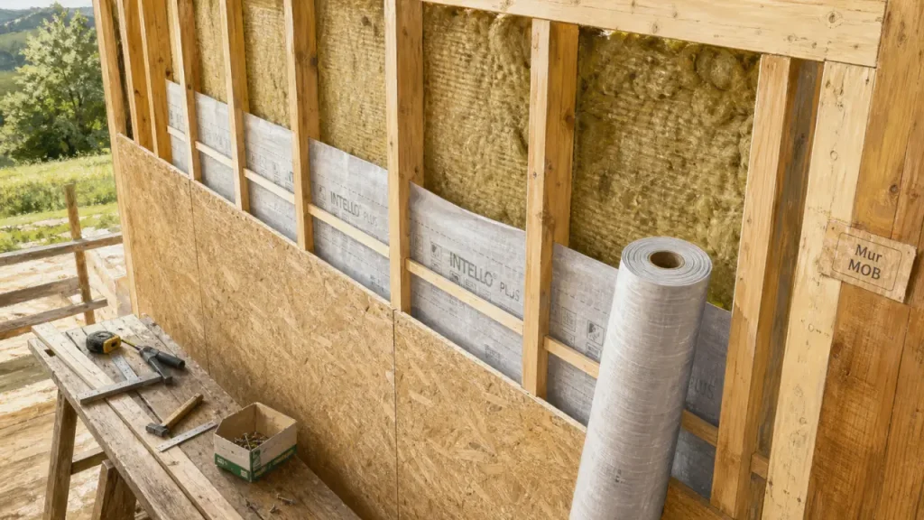 Mur à ossature bois : pare-pluie et ossature sur chantier