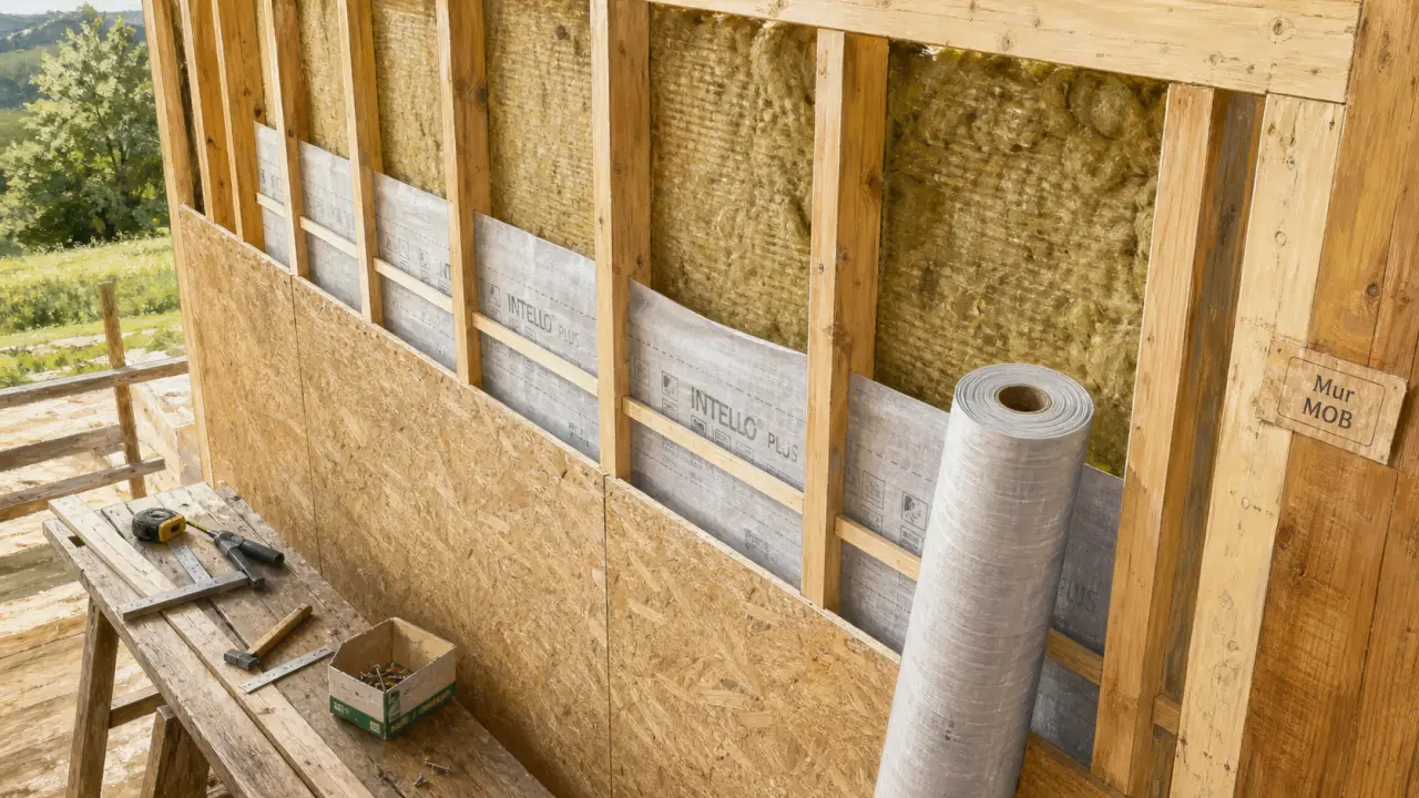 Mur à ossature bois : pare-pluie et ossature sur chantier