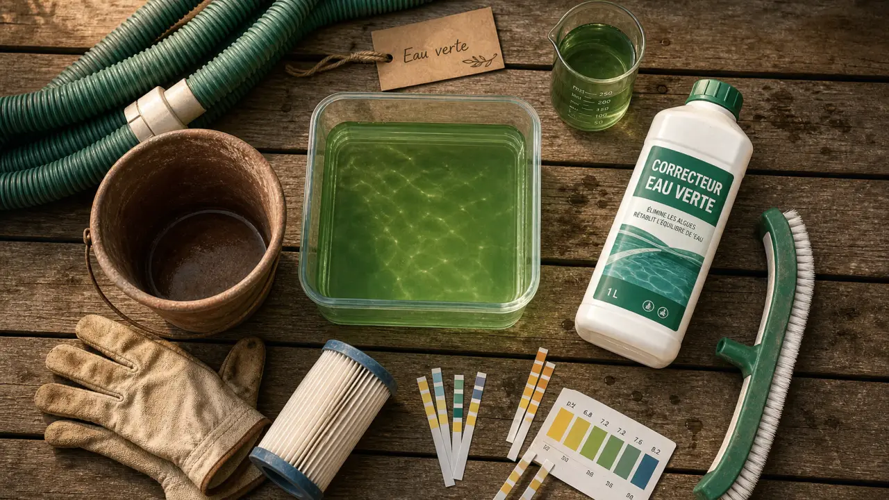 Piscine eau verte : corriger le pH, nettoyer le filtre, chlore choc