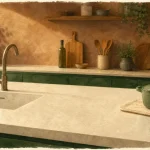 Plan de travail en corian clair, surface non poreuse et évier intégré sans joint visible