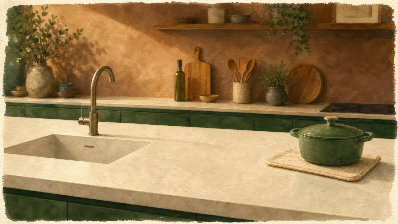 Plan de travail en corian clair, surface non poreuse et évier intégré sans joint visible