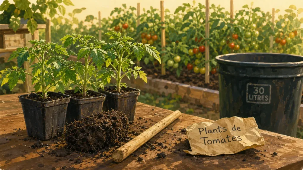 Plant tomate en pot de 30 litres, tuteur et plants